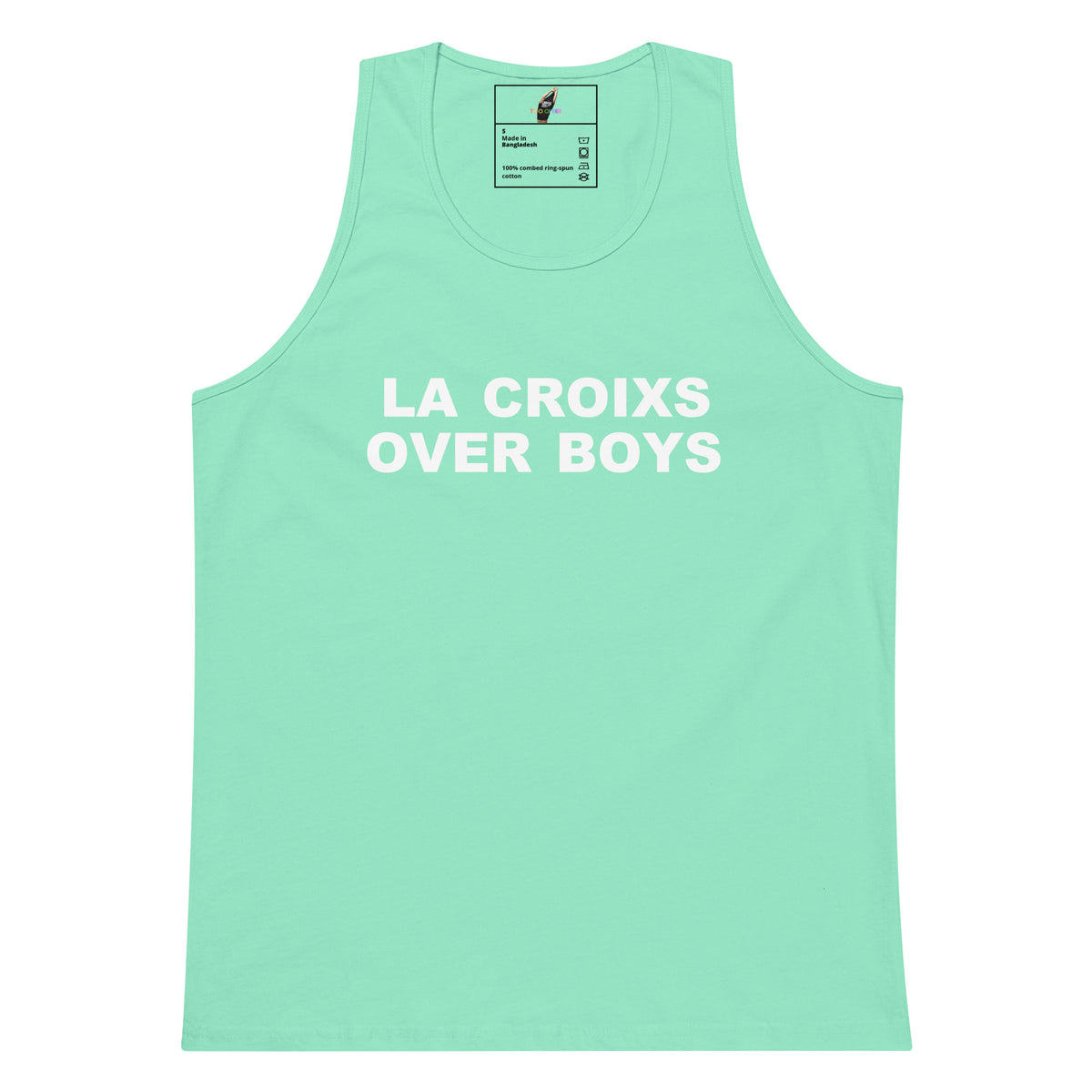 A mint green sleeveless tank top with the phrase 'LA CROIXS OVER BOYS' printed in bold white capital letters across the chest, displayed flat against a plain white background.