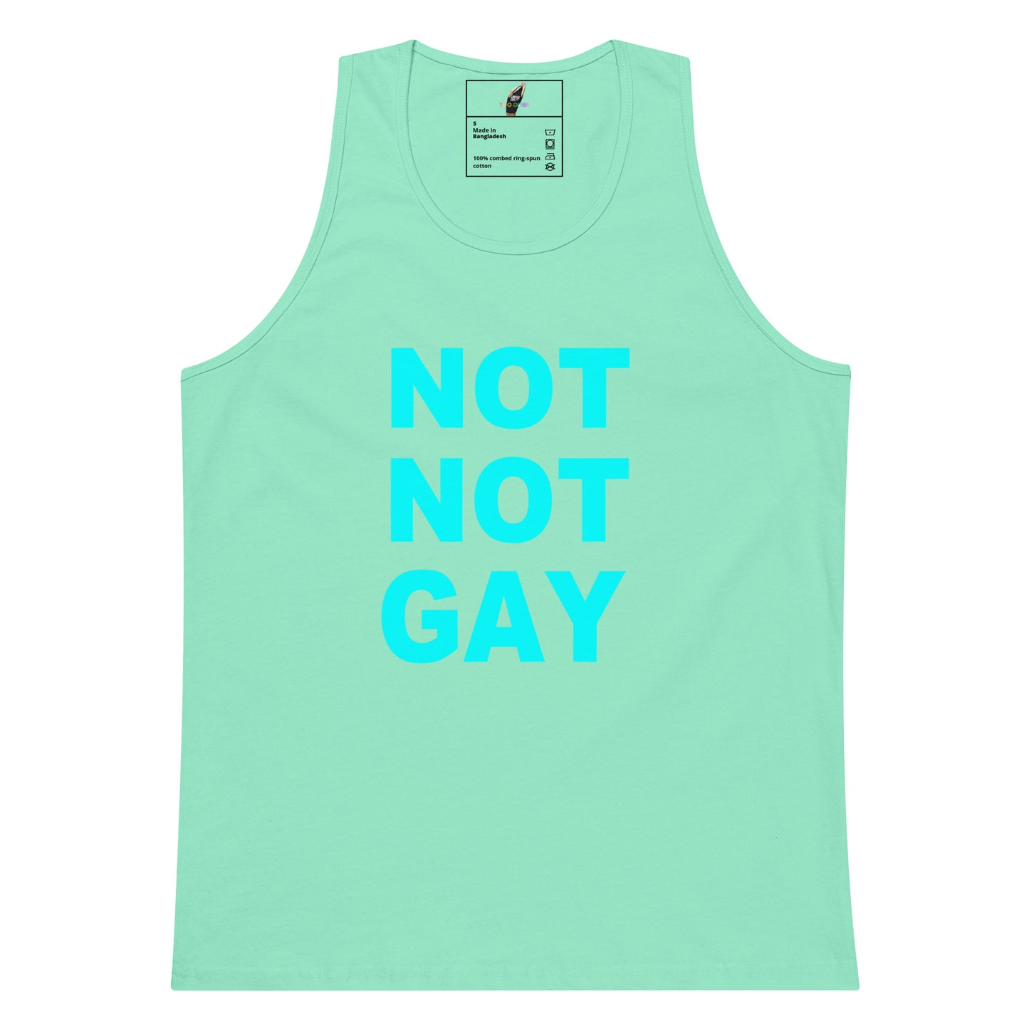 A mint green sleeveless tank top with the words 'NOT NOT GAY' printed in bright cyan block letters across the front, shown on a plain white background.