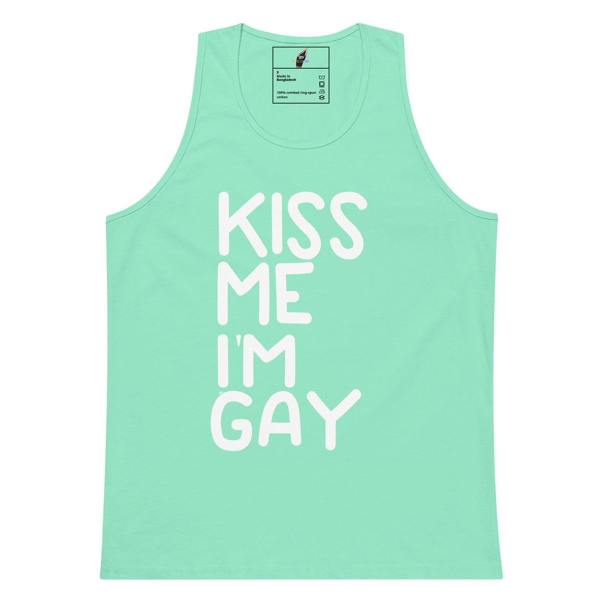 A mint green tank top with the phrase 'KISS ME I'M GAY' printed in large white letters on the front, displayed against a solid white background.