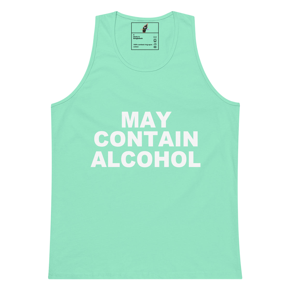 A mint green tank top with the text 'MAY CONTAIN ALCOHOL' printed in bold white capital letters on the front, displayed against a solid white background.