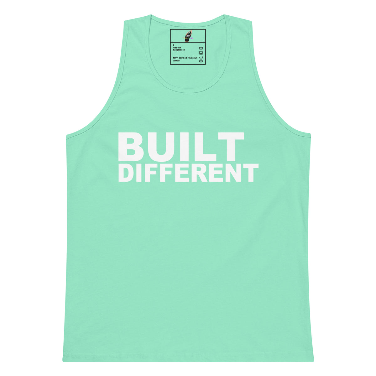 A mint green sleeveless tank top with the words 'BUILT DIFFERENT' printed in bold white capital letters across the chest, shown on a plain white background.