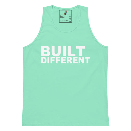 A mint green sleeveless tank top with the words 'BUILT DIFFERENT' printed in bold white capital letters across the chest, shown on a plain white background.