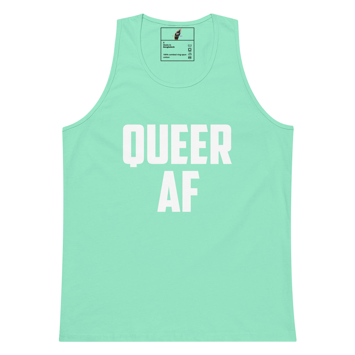 A mint green tank top with the words 'QUEER AF' printed in bold white capital letters across the front, displayed on a solid white background.