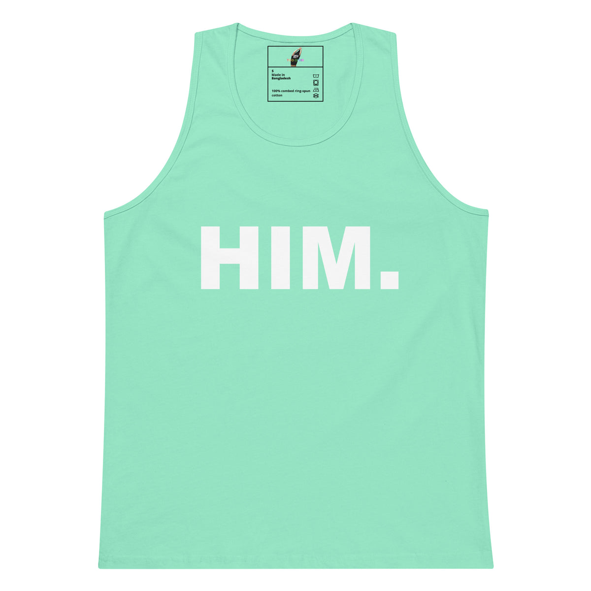A mint green tank top with the word 'HIM.' printed in bold white capital letters across the chest, displayed flat against a solid white background.