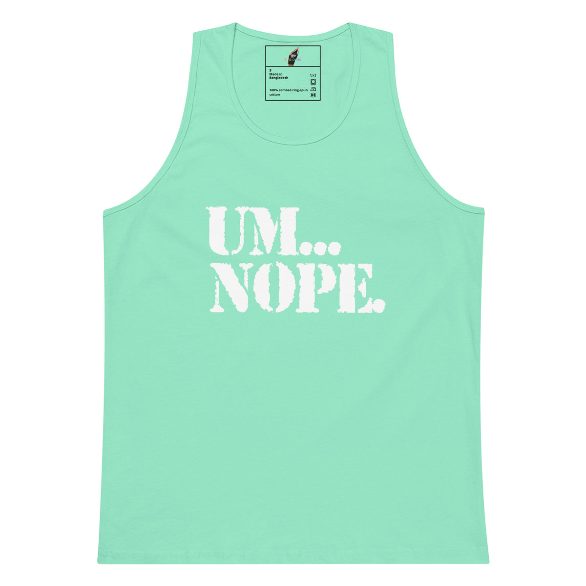 A mint green tank top with the text 'UM.