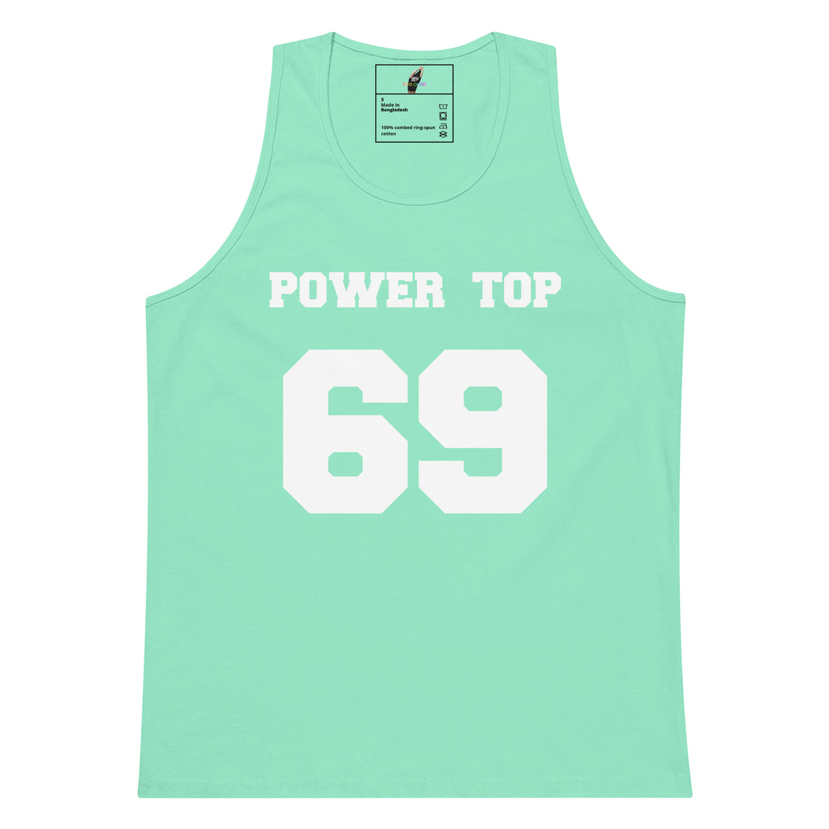 A mint green tank top with 'POWER TOP 69' printed in white on the front, displayed flat against a white background.