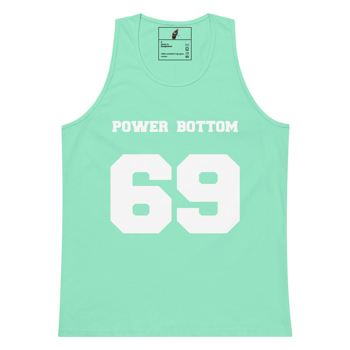 A mint green sleeveless tank top with 'POWER BOTTOM' and the number '69' printed in white on the front, displayed flat against a white background.