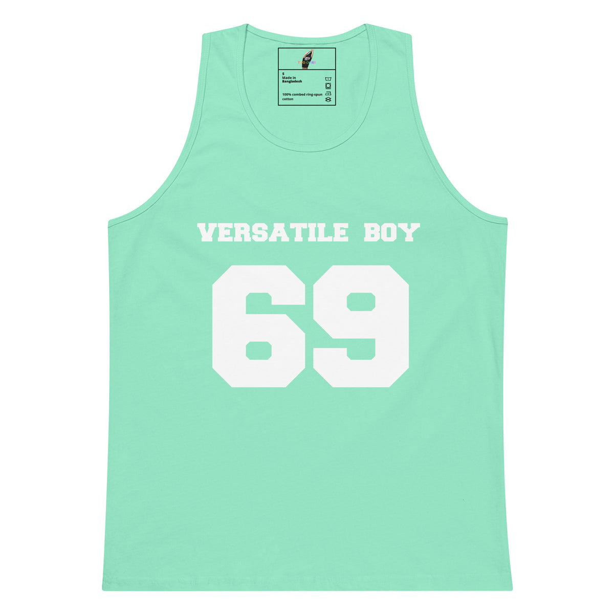 A mint green tank top with 'VERSATILE BOY' and the number '69' printed in white on the front, displayed against a solid white background.