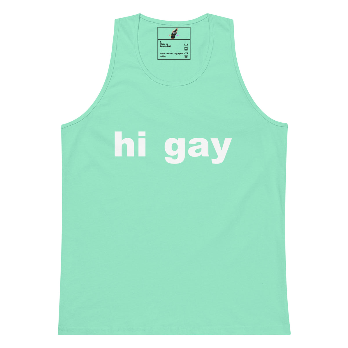 A mint green tank top with the words 'hi gay' printed in white lowercase letters across the chest, displayed flat against a solid white background.