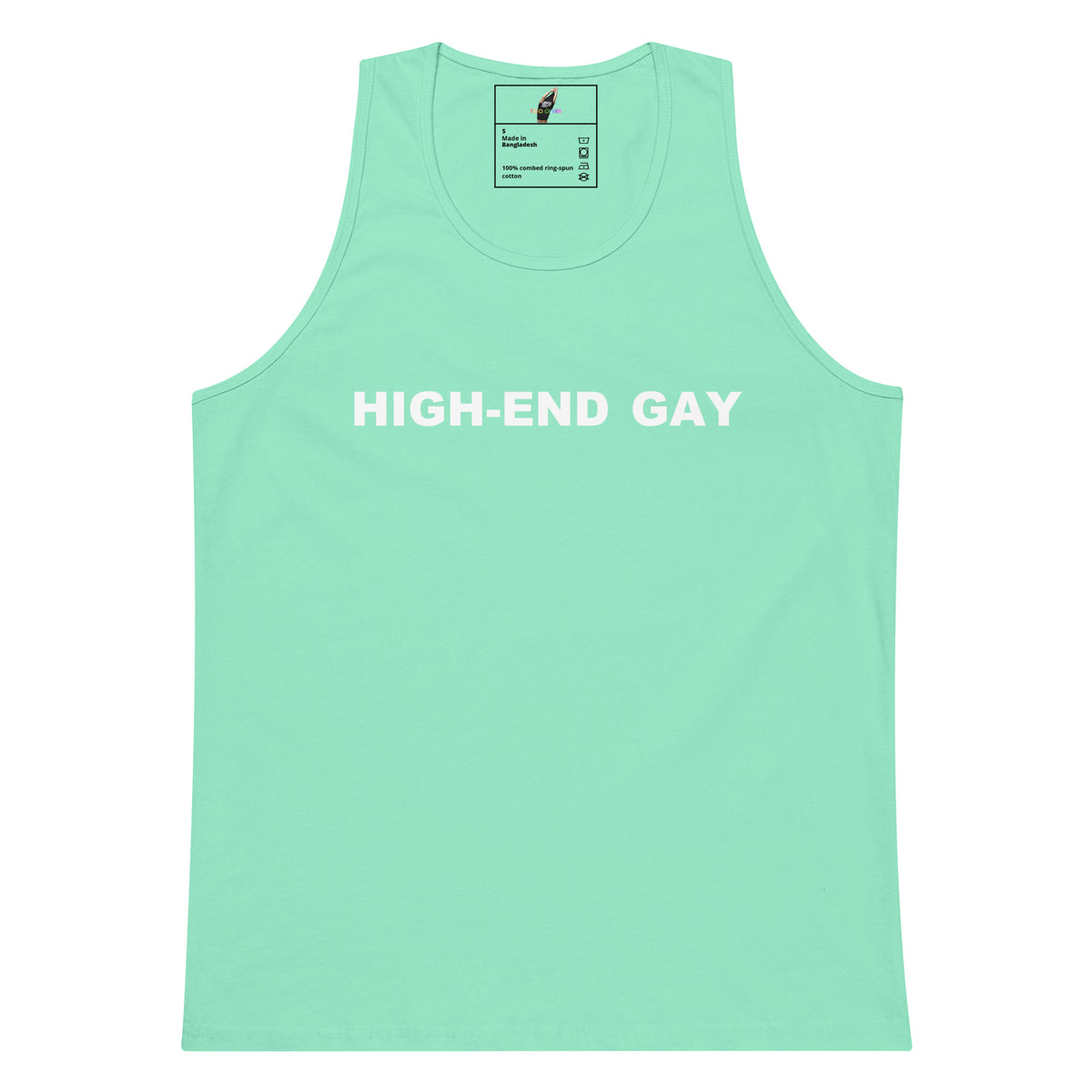 A mint green tank top with the words 'HIGH-END GAY' printed in white across the chest, displayed flat against a solid white background.