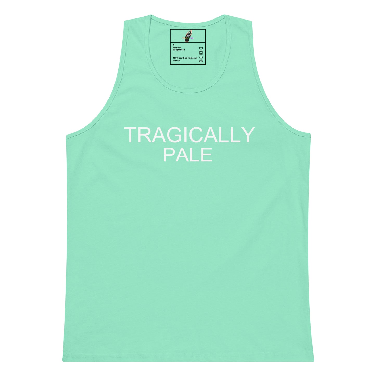 A mint green tank top with the words 'TRAGICALLY PALE' printed in white across the chest, displayed on a solid white background.