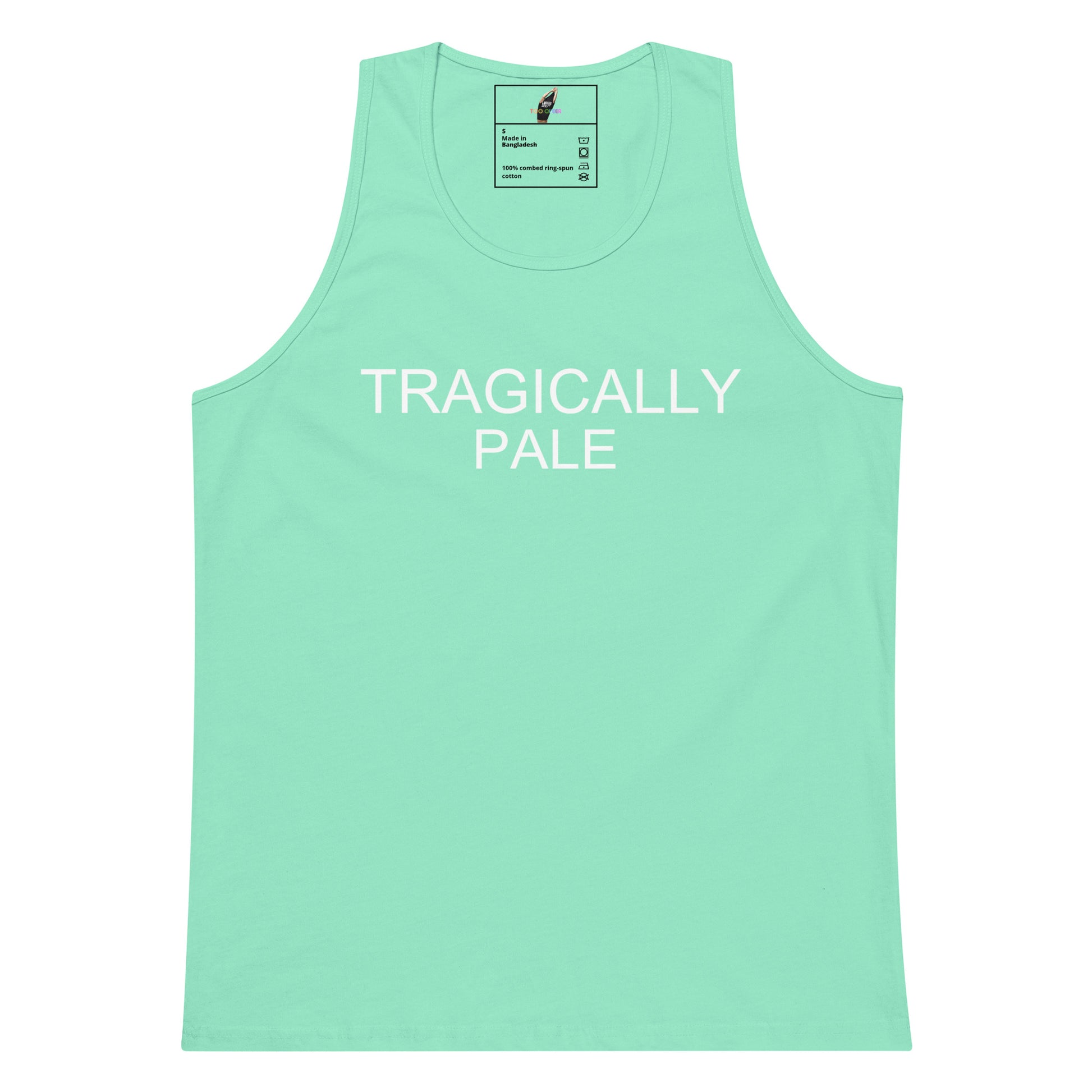 A mint green tank top with the words 'TRAGICALLY PALE' printed in white across the chest, displayed on a solid white background.