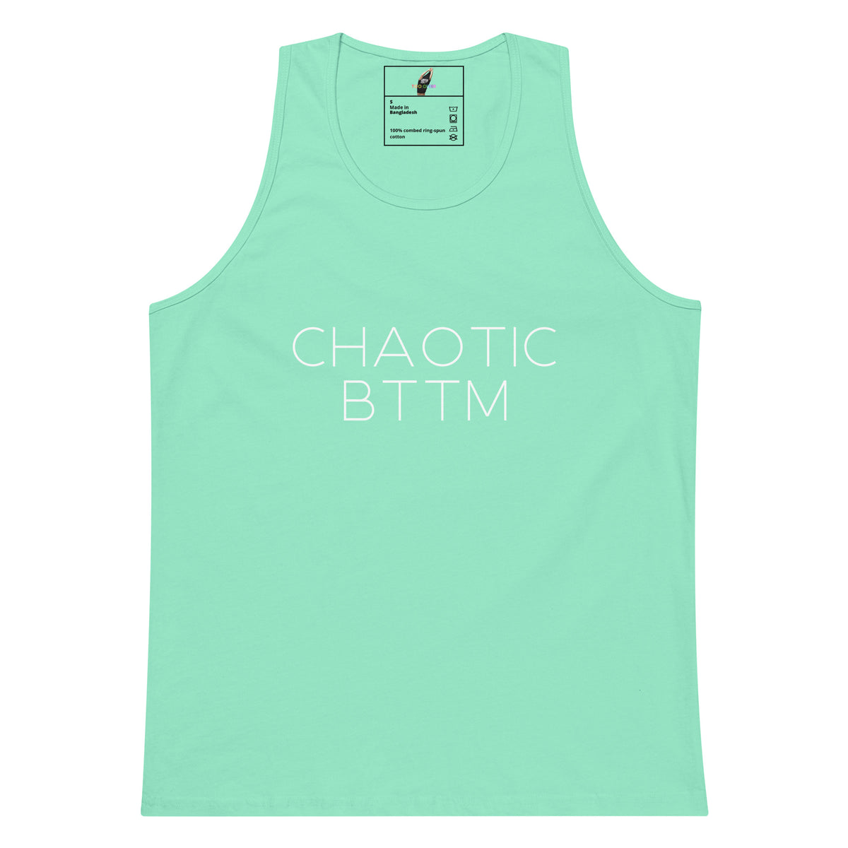 A mint green sleeveless tank top with 'CHAOTIC BTTM' printed in white sans-serif text across the chest, displayed flat against a solid white background.