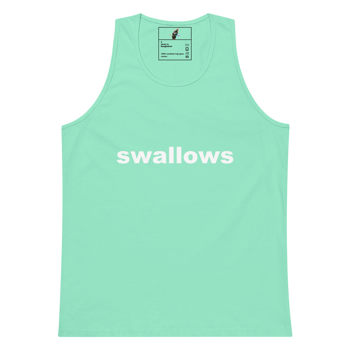 A mint green sleeveless tank top with the word 'swallows' printed in white lowercase letters across the chest, displayed flat against a solid white background.
