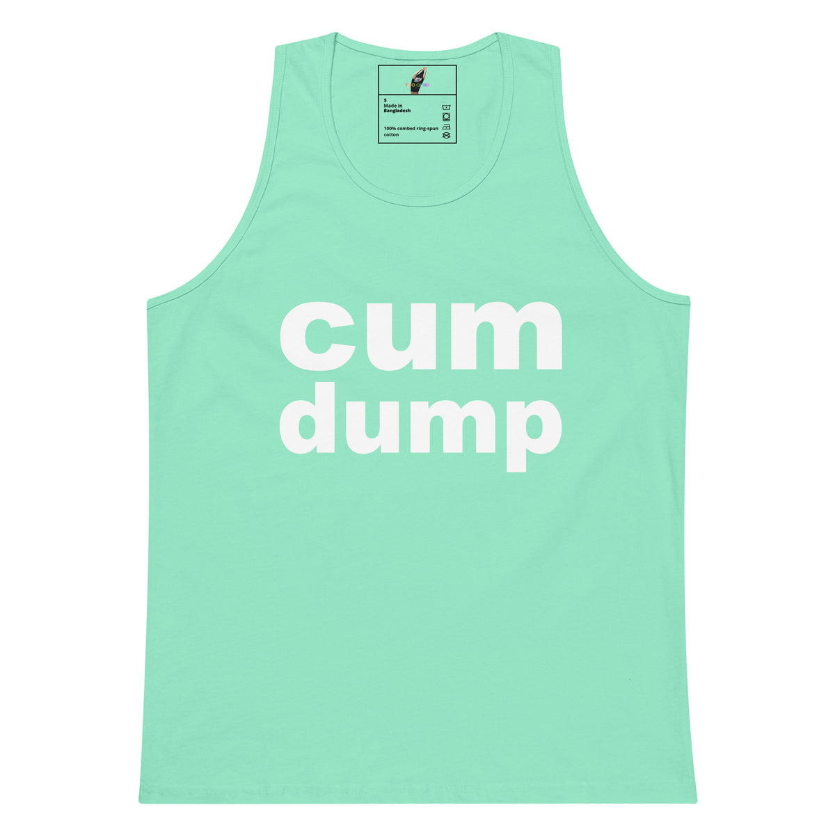A mint green tank top with the words 'cum dump' printed in bold white lowercase letters across the front, displayed on a solid white background.