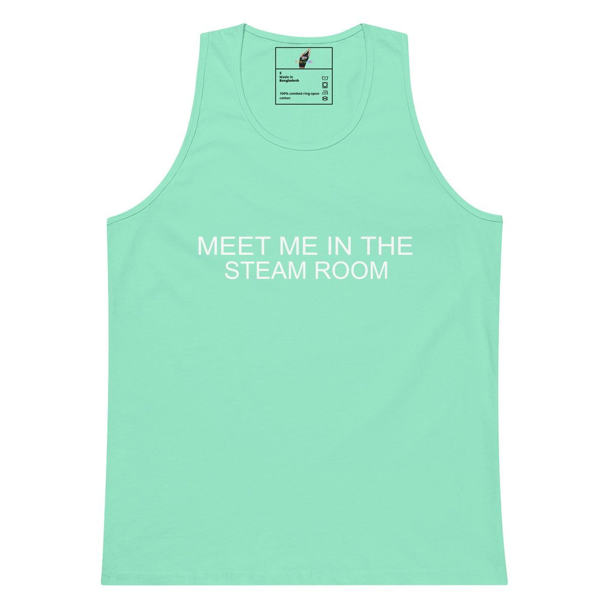 A mint green tank top with the text 'MEET ME IN THE STEAM ROOM' printed in white across the chest, displayed flat against a white background.