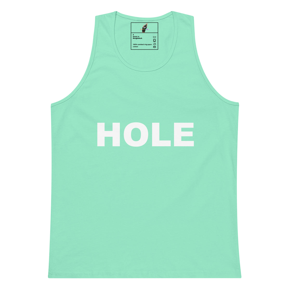 A mint green tank top with the word 'HOLE' printed in bold white capital letters across the chest, displayed flat against a solid white background.