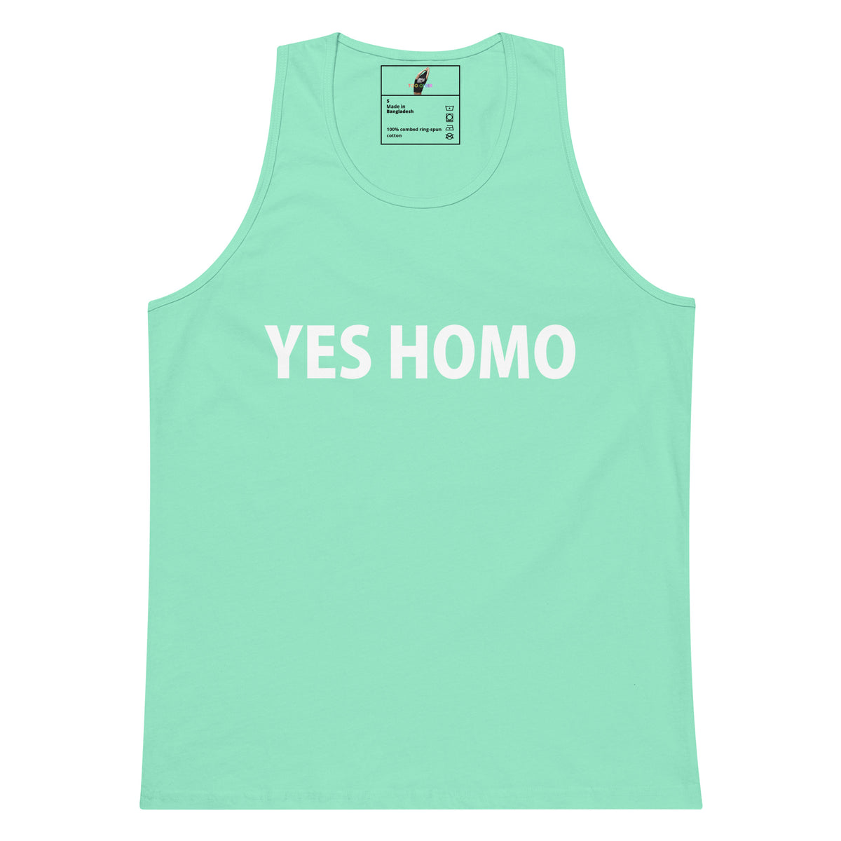 A mint green sleeveless tank top with the words 'YES HOMO' printed in bold white capital letters across the chest, displayed flat against a plain white background.
