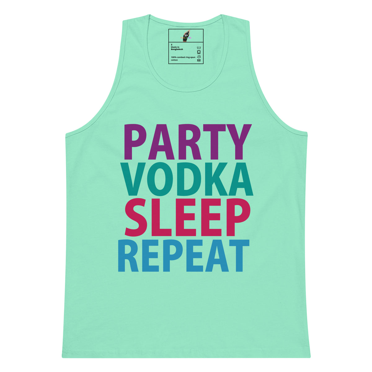 A mint green tank top featuring the text 'PARTY VODKA SLEEP REPEAT' printed on the front in purple, teal, pink, and blue block letters, shown against a plain white background.