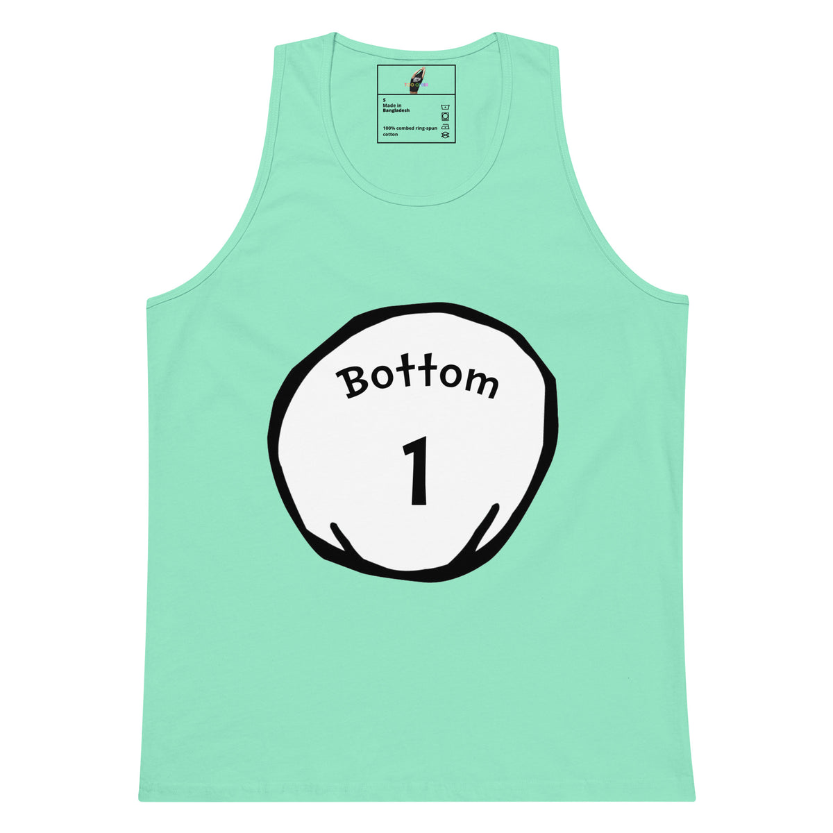 A mint green tank top featuring a white circular graphic on the chest with a black hand-drawn outline and the text 'Bottom 1'.