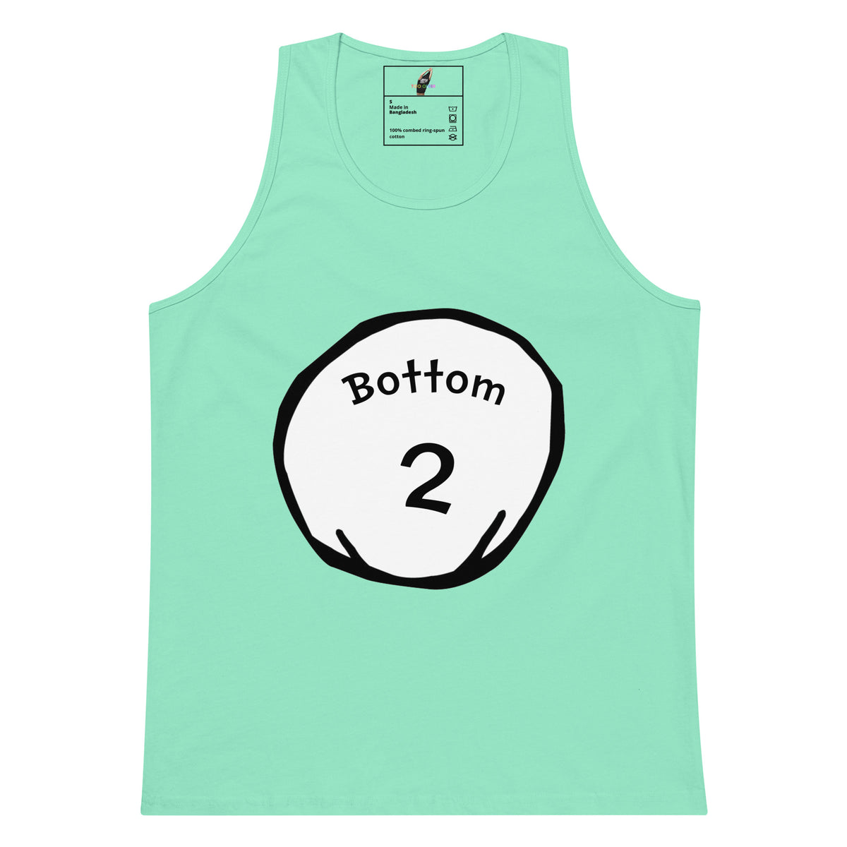 A mint green sleeveless tank top with a white circular graphic on the chest containing the text 'Bottom 2' in black.