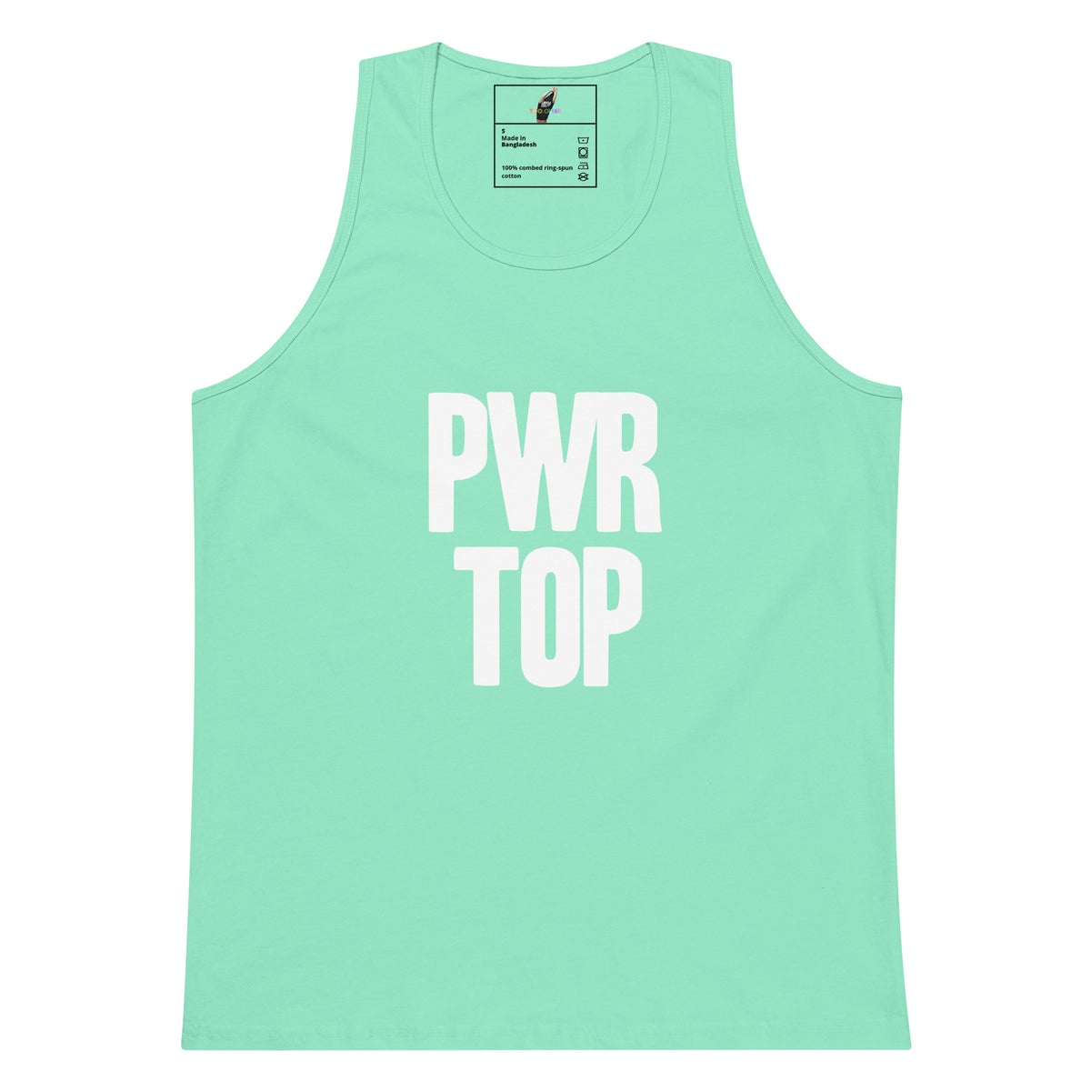 A mint green sleeveless tank top with the words 'PWR TOP' printed in bold white capital letters on the front, displayed against a solid white background.