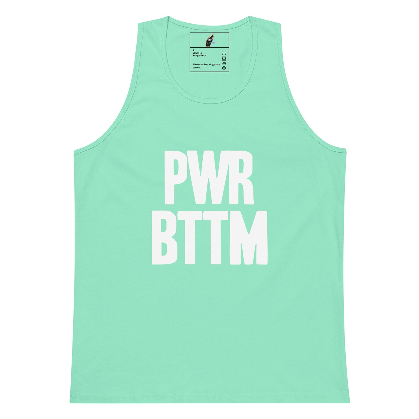 A mint green sleeveless tank top with the words 'PWR BTTM' printed in bold white capital letters on the front, displayed against a solid white background.
