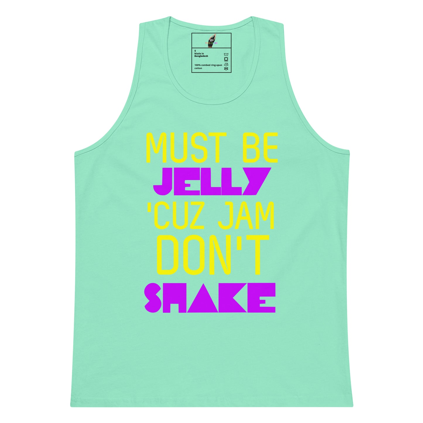 A mint green tank top with a colorful graphic text print reading 'MUST BE JELLY 'CUZ JAM DON'T SHAKE' in yellow and magenta, shown on a plain white background.