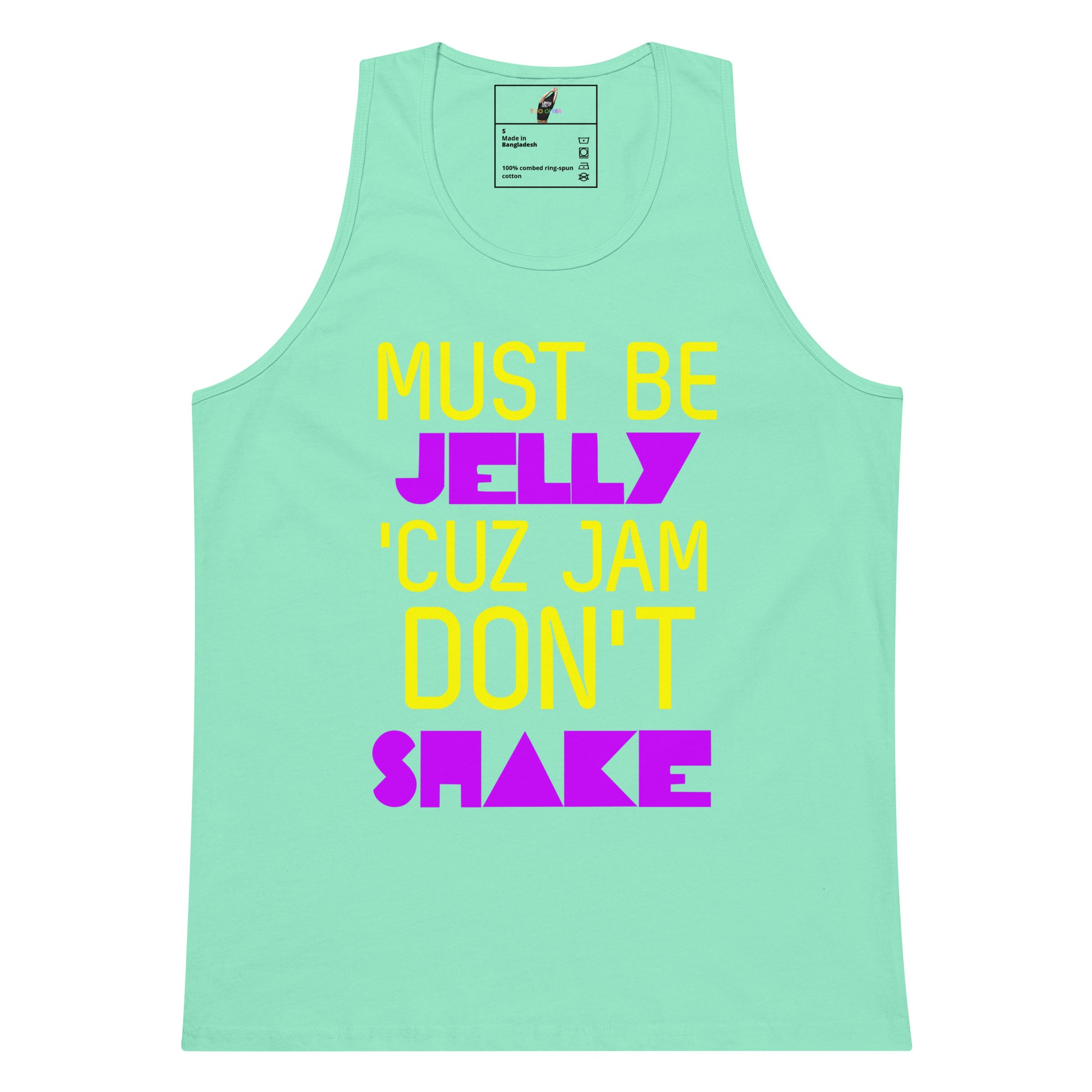 A mint green tank top with a colorful graphic text print reading 'MUST BE JELLY 'CUZ JAM DON'T SHAKE' in yellow and magenta, shown on a plain white background.