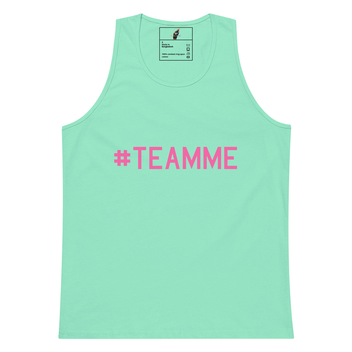 A mint green sleeveless tank top with the text '#TEAMME' printed in bright pink across the chest, displayed flat against a solid white background.
