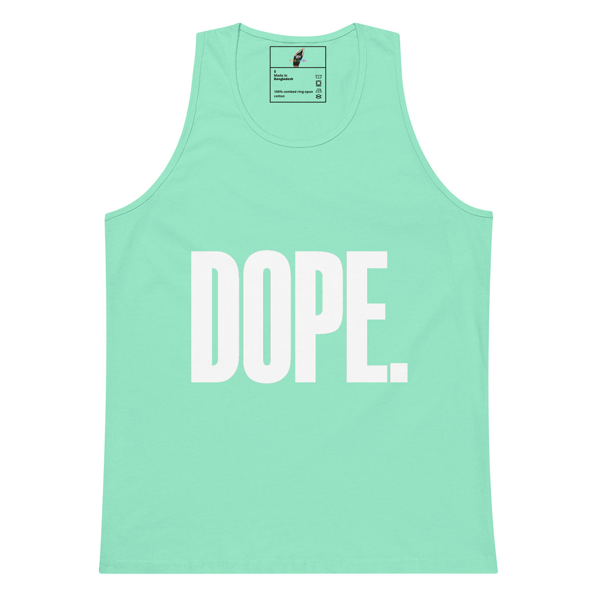 A mint green tank top with the word 'DOPE.' printed in large white block letters across the front, shown on a plain white background.