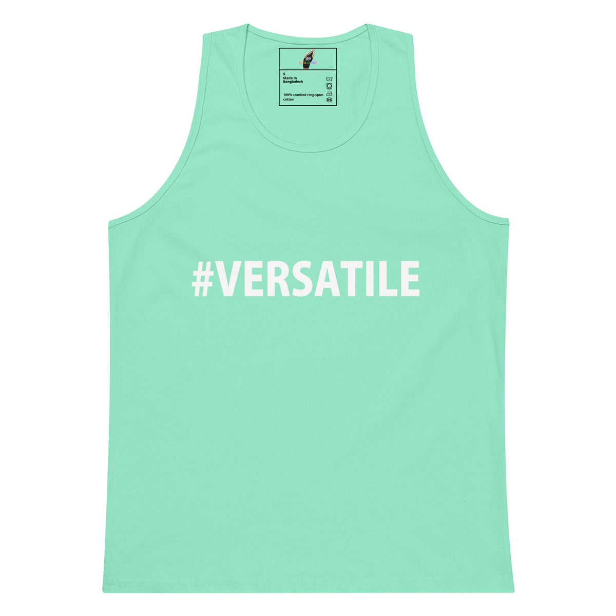 A mint green sleeveless tank top with the hashtag '#VERSATILE' printed in bold white capital letters across the chest, displayed on a clean white background.
