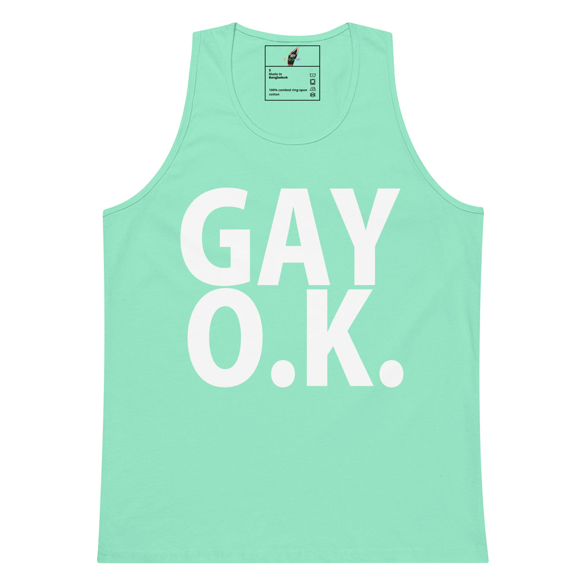 A mint green tank top with the words 'GAY O.K.