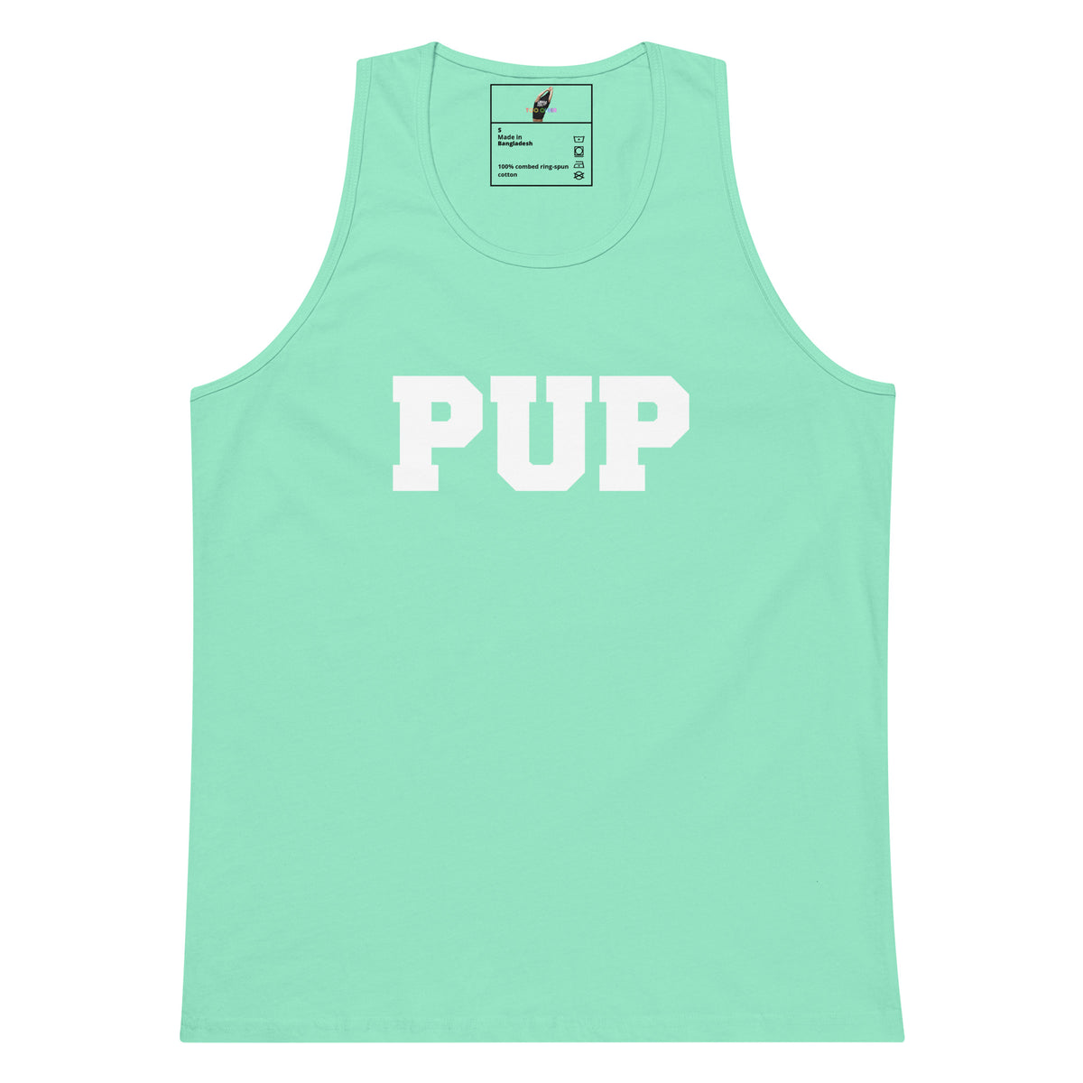 A mint green tank top with the word 'PUP' printed in large white block letters across the chest, displayed flat against a solid white background.