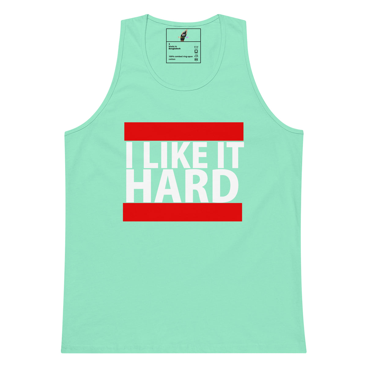A mint green tank top with a bold graphic on the chest reading 'I LIKE IT HARD' in white text, framed by two red horizontal bars, shown on a plain white background.