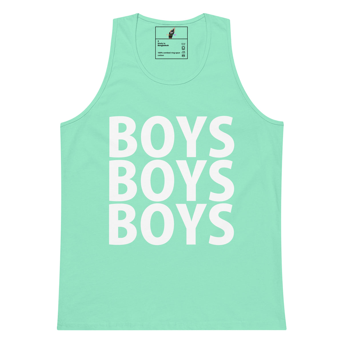 A mint green sleeveless tank top featuring the word 'BOYS' printed in large white block letters, repeated vertically three times on the front.