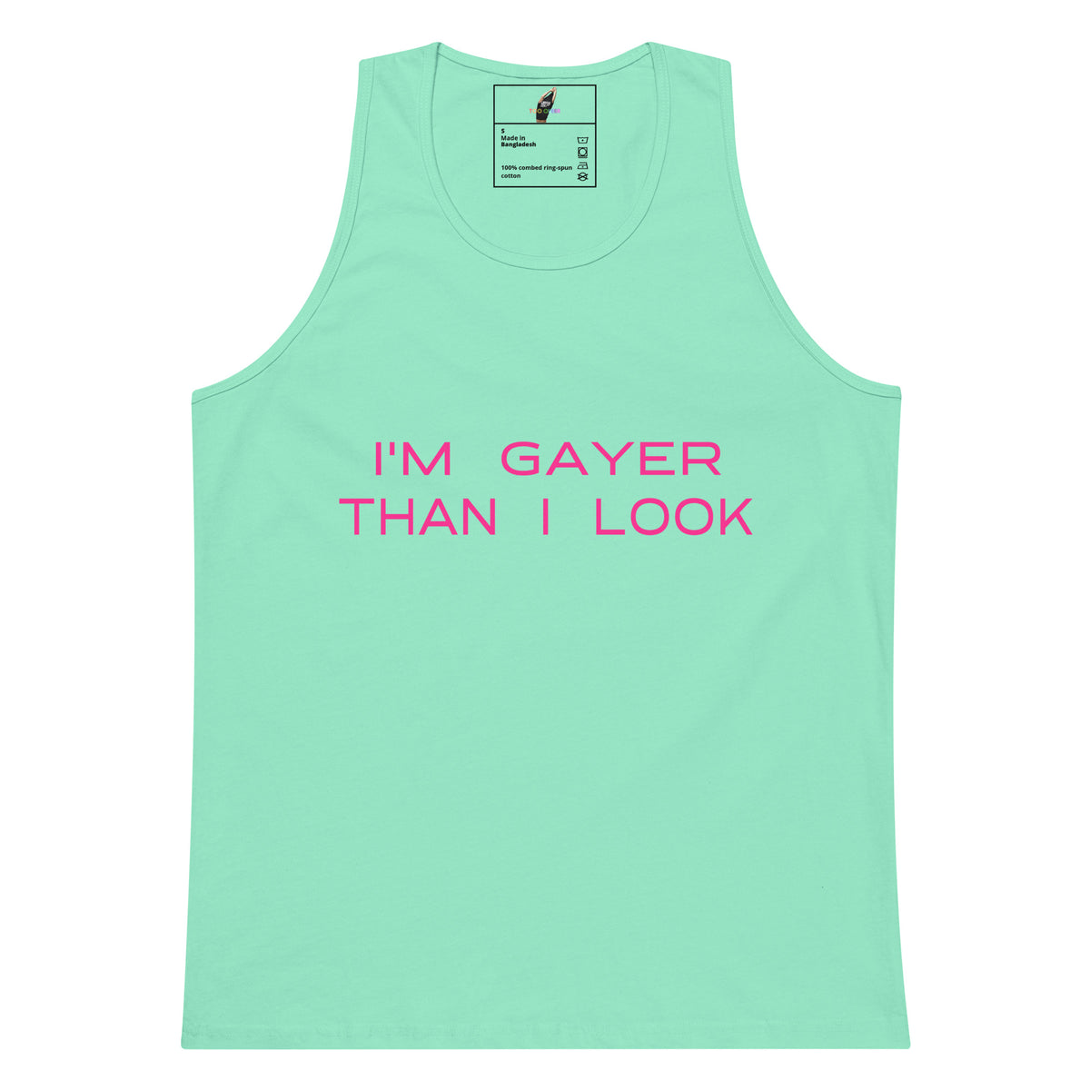 A mint green tank top with the text 'I'M GAYER THAN I LOOK' printed in pink across the chest, displayed on a solid white background.