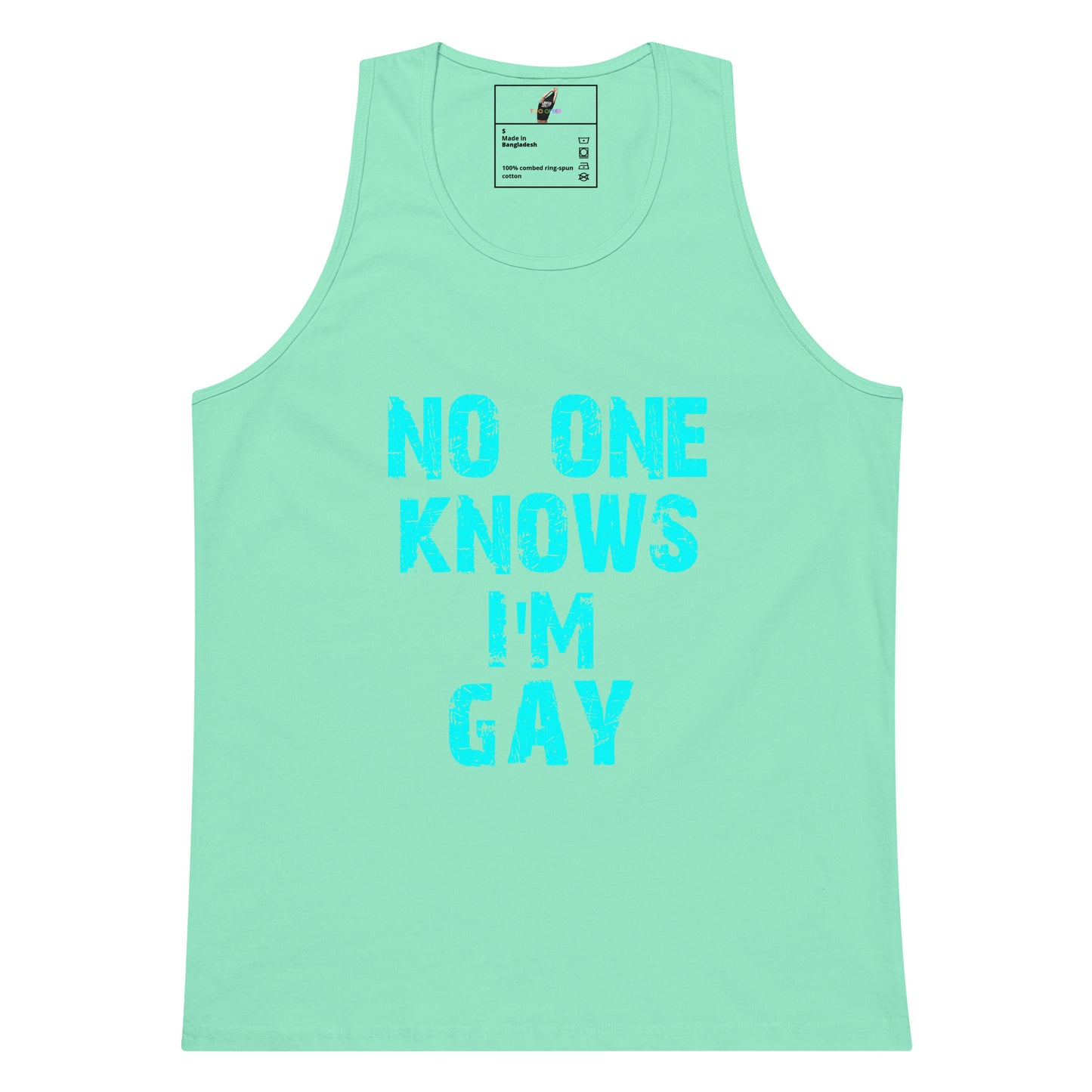 A mint green tank top with the text 'NO ONE KNOWS I'M GAY' printed in a distressed light blue font on the front, displayed against a solid white background.