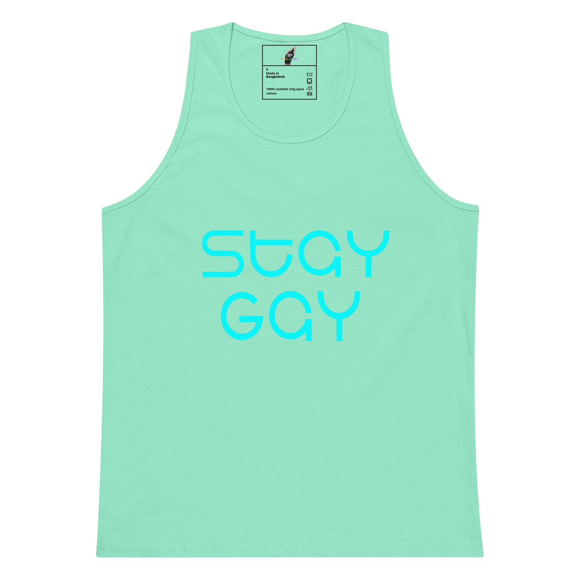 A mint green tank top with the words 'STAY GAY' printed in a bright cyan lowercase font across the chest, displayed on a solid white background.
