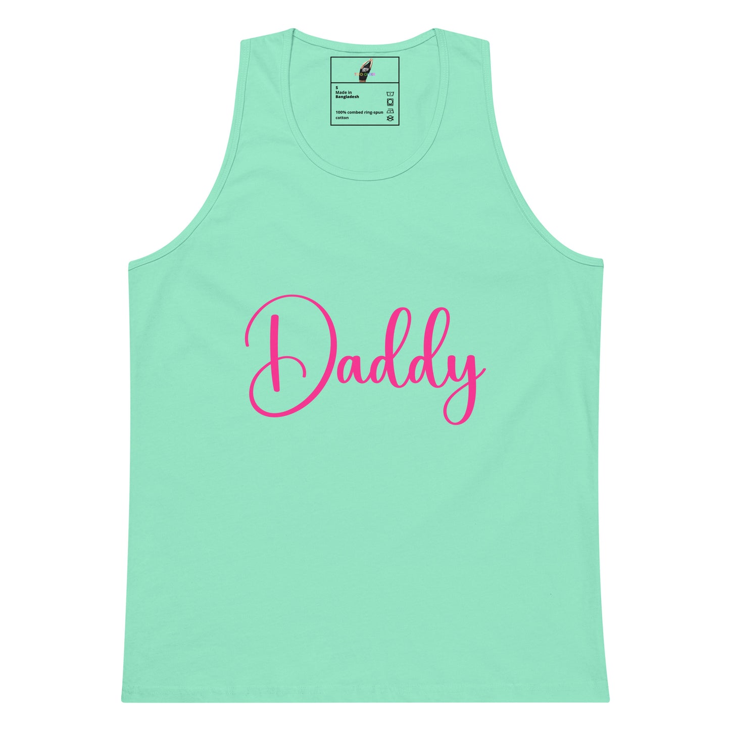 A mint green sleeveless tank top with the word 'Daddy' printed across the chest in bright pink cursive script, shown against a plain white background.