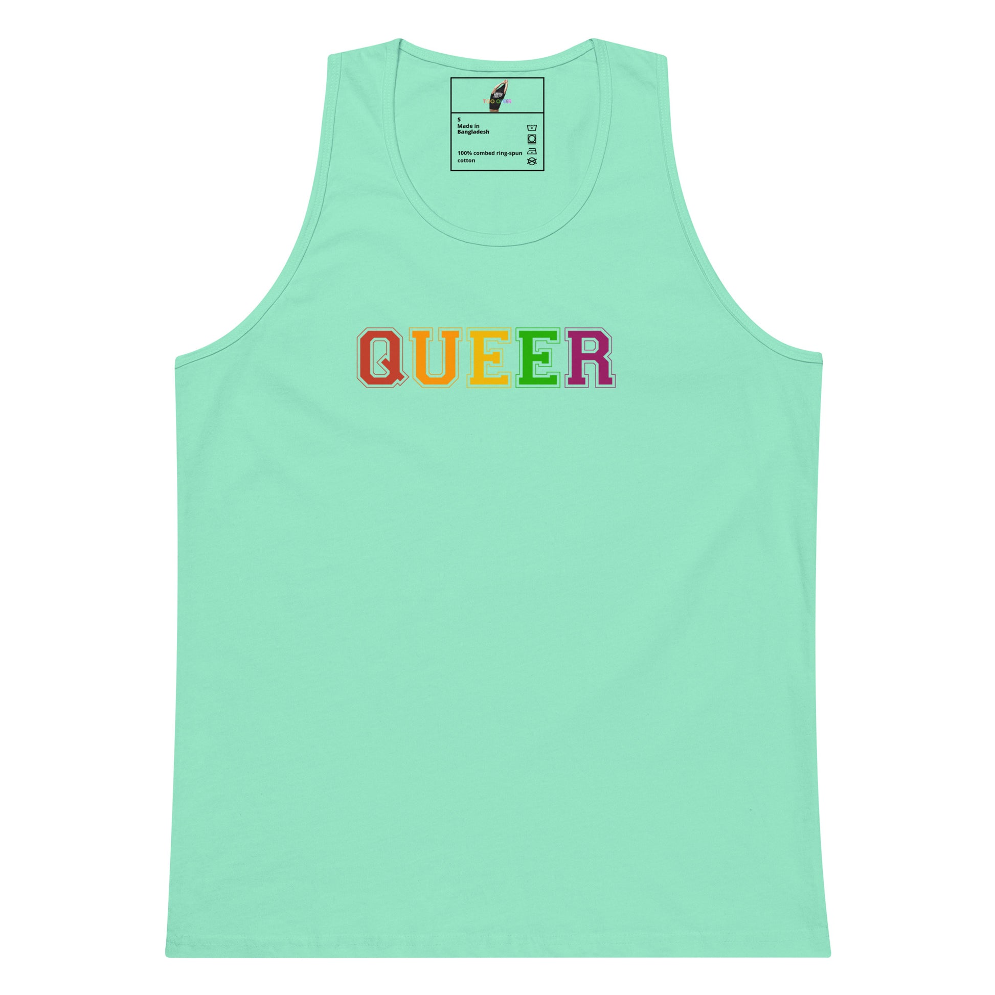 A mint green tank top featuring the word 'QUEER' printed across the chest in rainbow-colored letters, displayed on a solid white background.