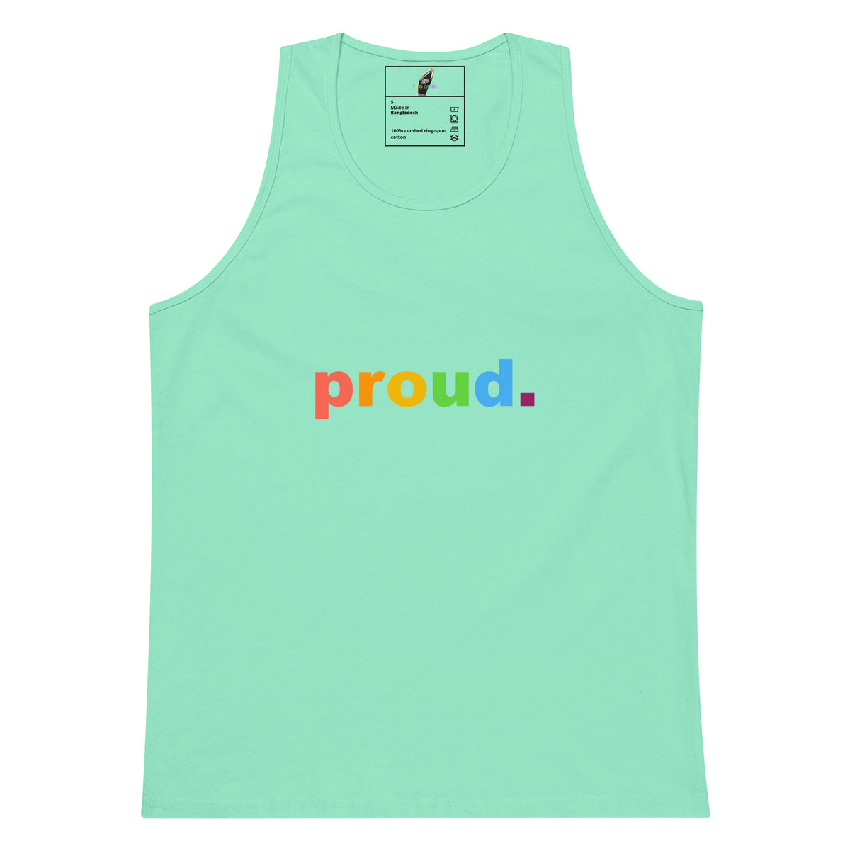 A mint green tank top with the word 'proud.' printed across the chest in rainbow colors, shown flat against a white background.