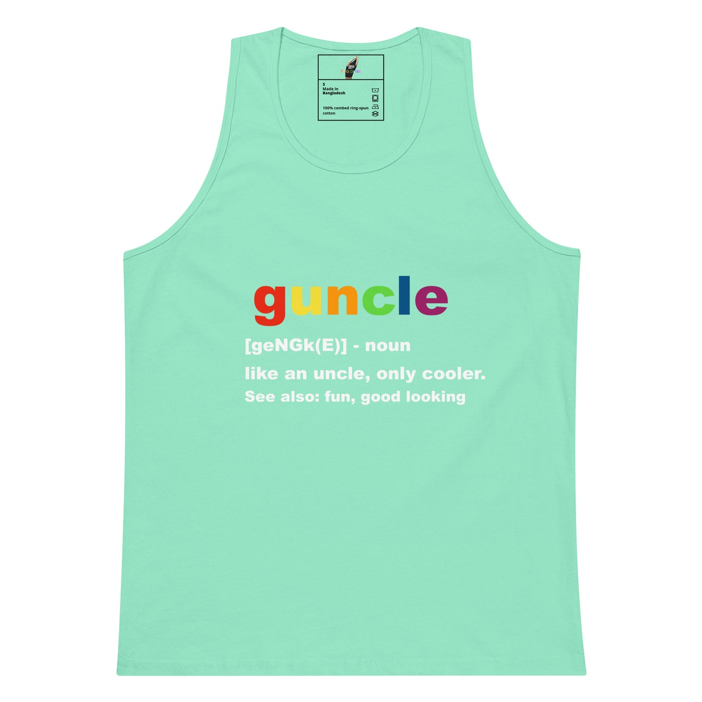 A mint green tank top featuring a colorful graphic on the chest that reads 'guncle' with a rainbow-style lettering and a dictionary definition underneath, displayed on a clean white background.