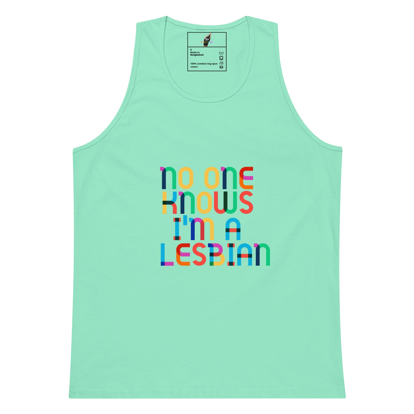 A mint green tank top featuring the text 'no one knows i'm a LESBIAN' printed on the front in a colorful, multi-toned retro font. The tank top is displayed flat against a solid white background.