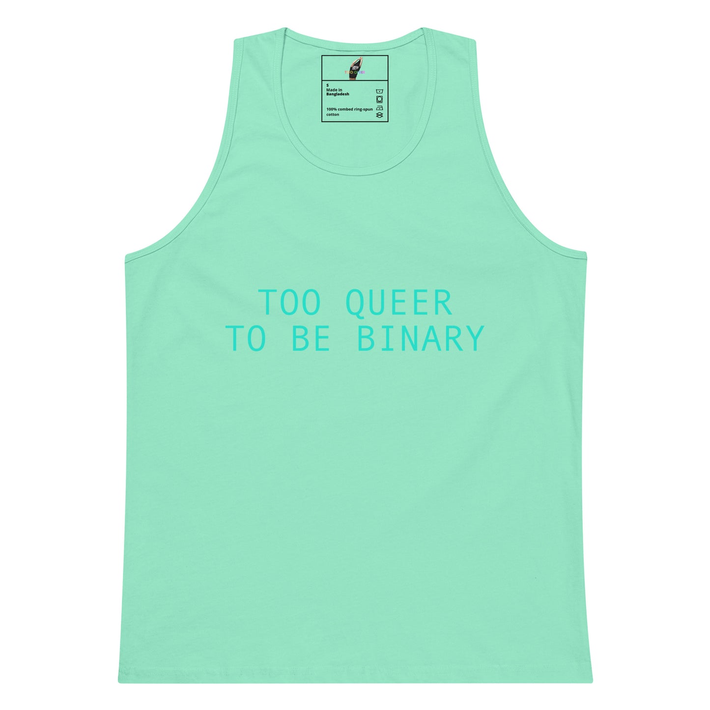 A mint green tank top with the text 'TOO QUEER TO BE BINARY' printed in a matching light teal font across the chest. The tank top is displayed flat against a solid white background, with a brand label visible inside the collar.