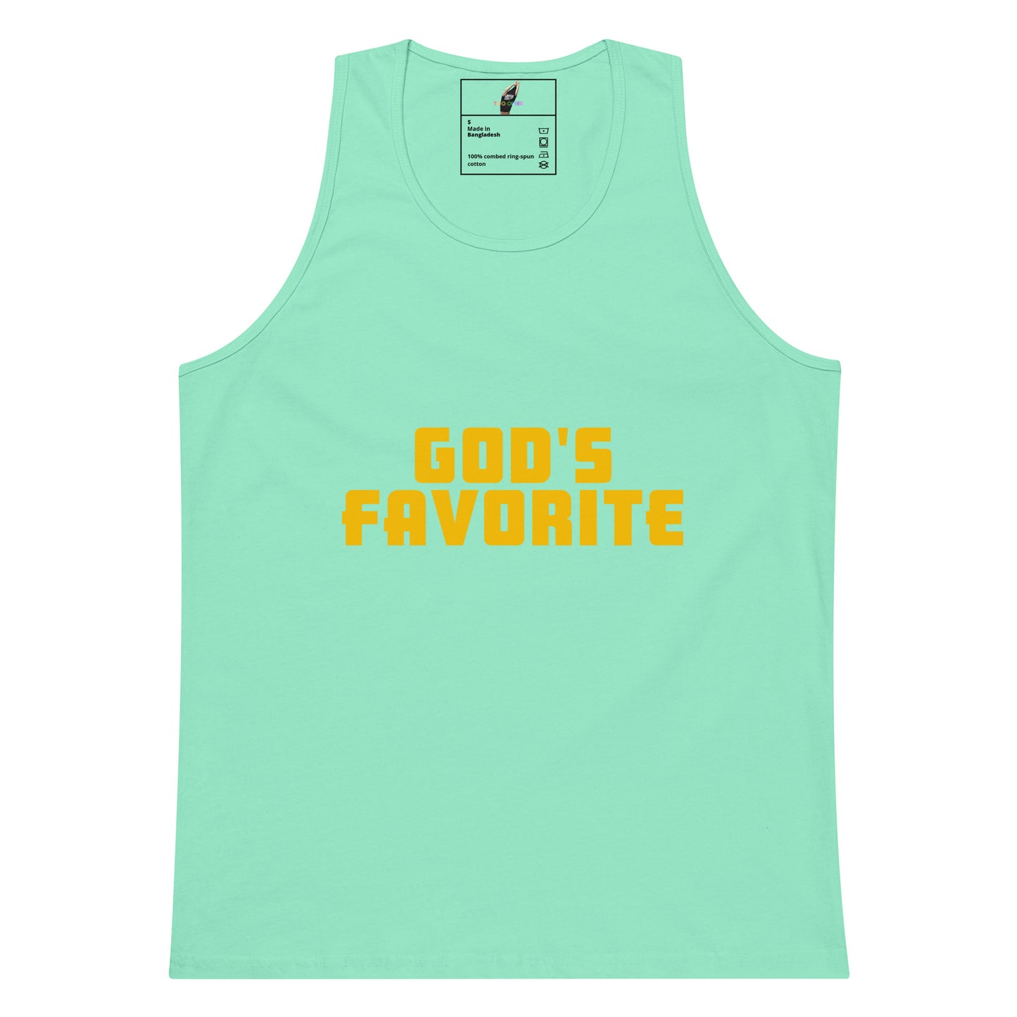 A mint green tank top with 'GOD'S FAVORITE' printed in yellow block letters across the chest, displayed flat against a white background.