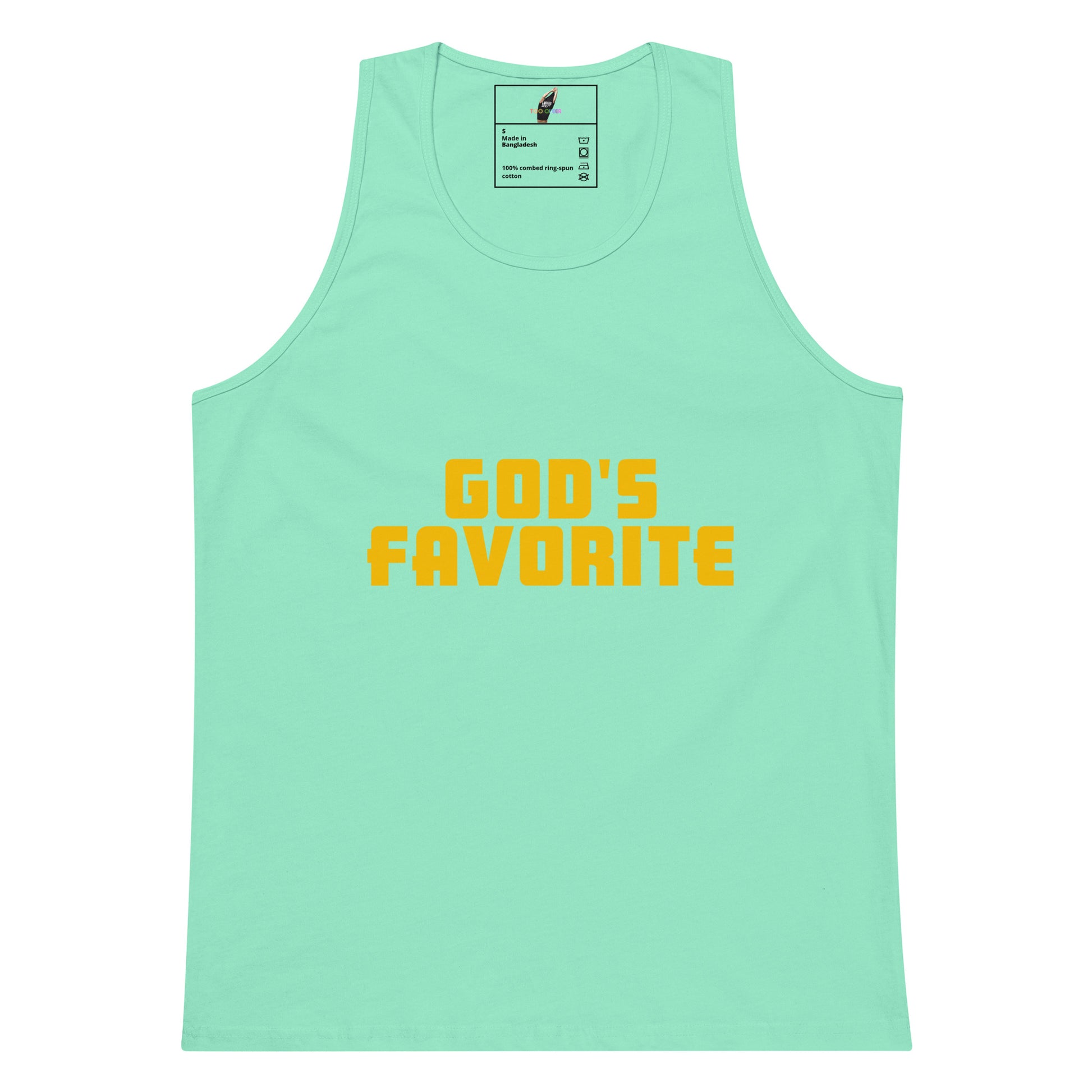 A mint green tank top with 'GOD'S FAVORITE' printed in yellow block letters across the chest, displayed flat against a white background.