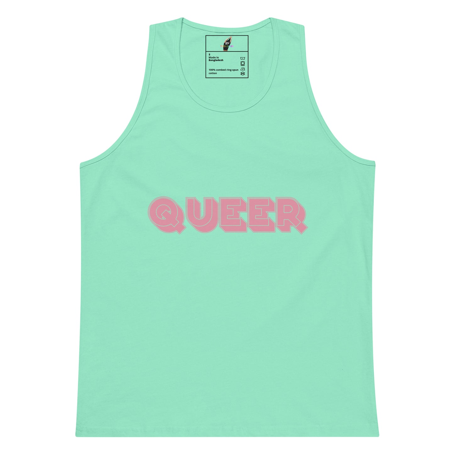 A mint green tank top with the word 'QUEER' printed across the chest in pink bubble letters, shown flat against a white background.