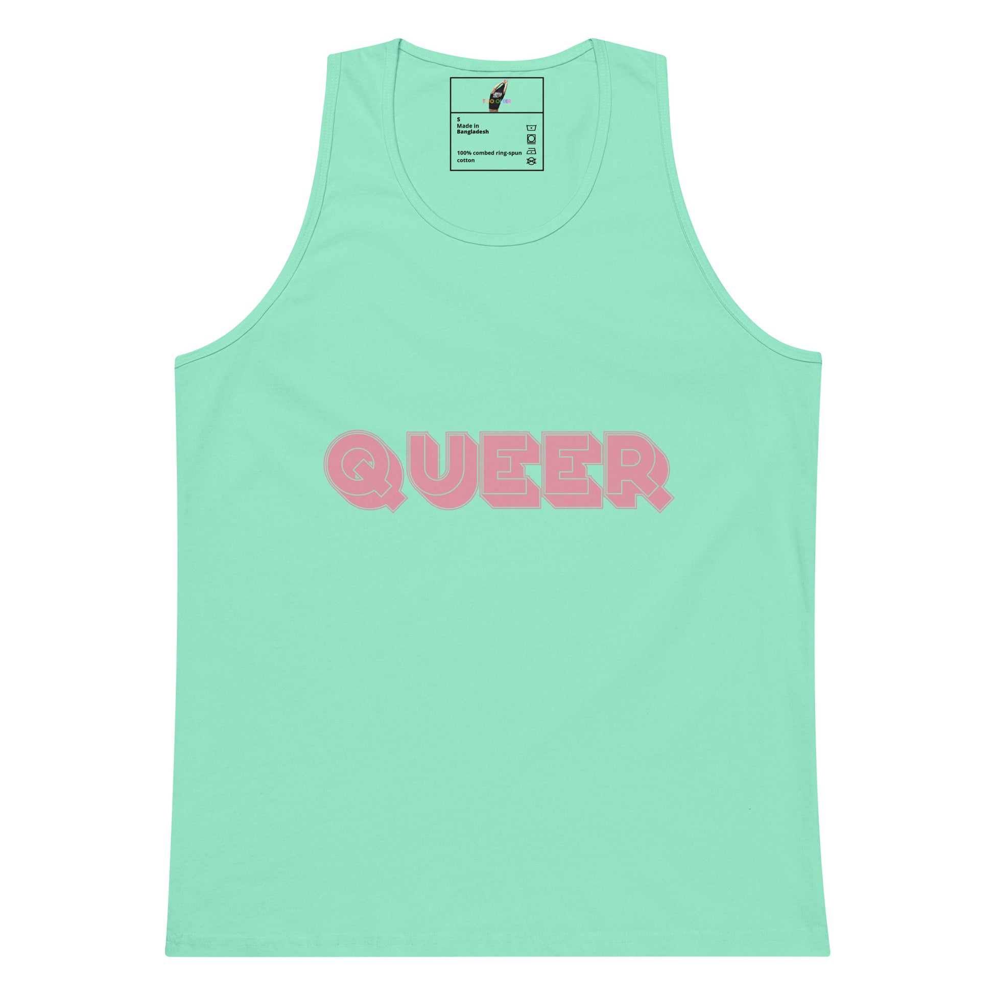 A mint green tank top with the word 'QUEER' printed across the chest in pink bubble letters, shown flat against a white background.