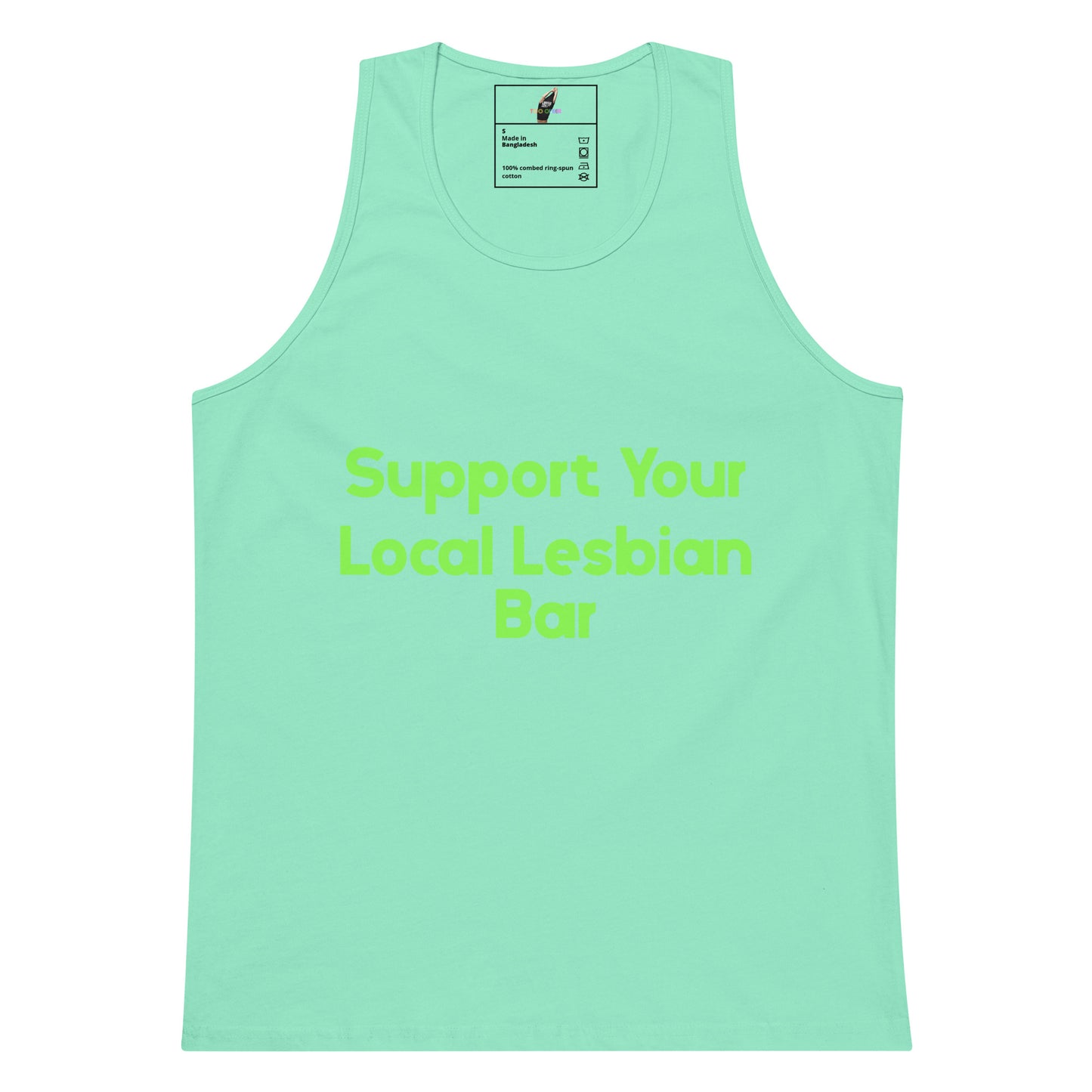 A mint green tank top with the text 'Support Your Local Lesbian Bar' printed in a bright lime green font on the front, displayed against a solid white background.